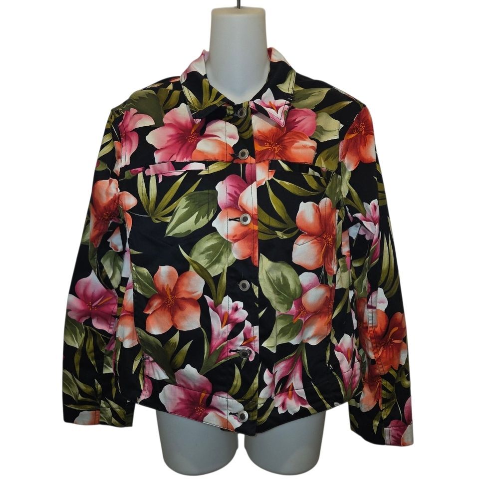 Caribbean Joe Floral Tropical Print Button Up Jacket Size Medium